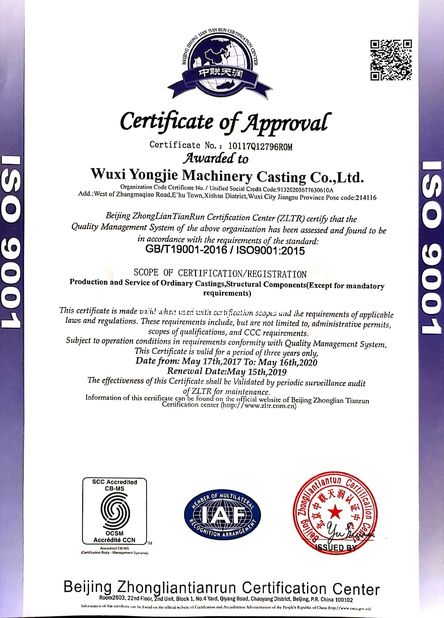 China Wuxi Yongjie Machinery Casting Co., Ltd. Certificações