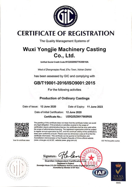 China Wuxi Yongjie Machinery Casting Co., Ltd. Certificações